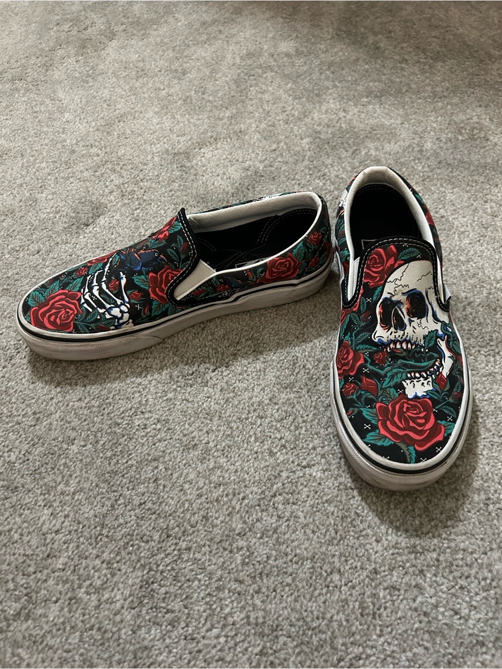 Vans Slip-On Shoes Black Red Green Rose Skull Graphic